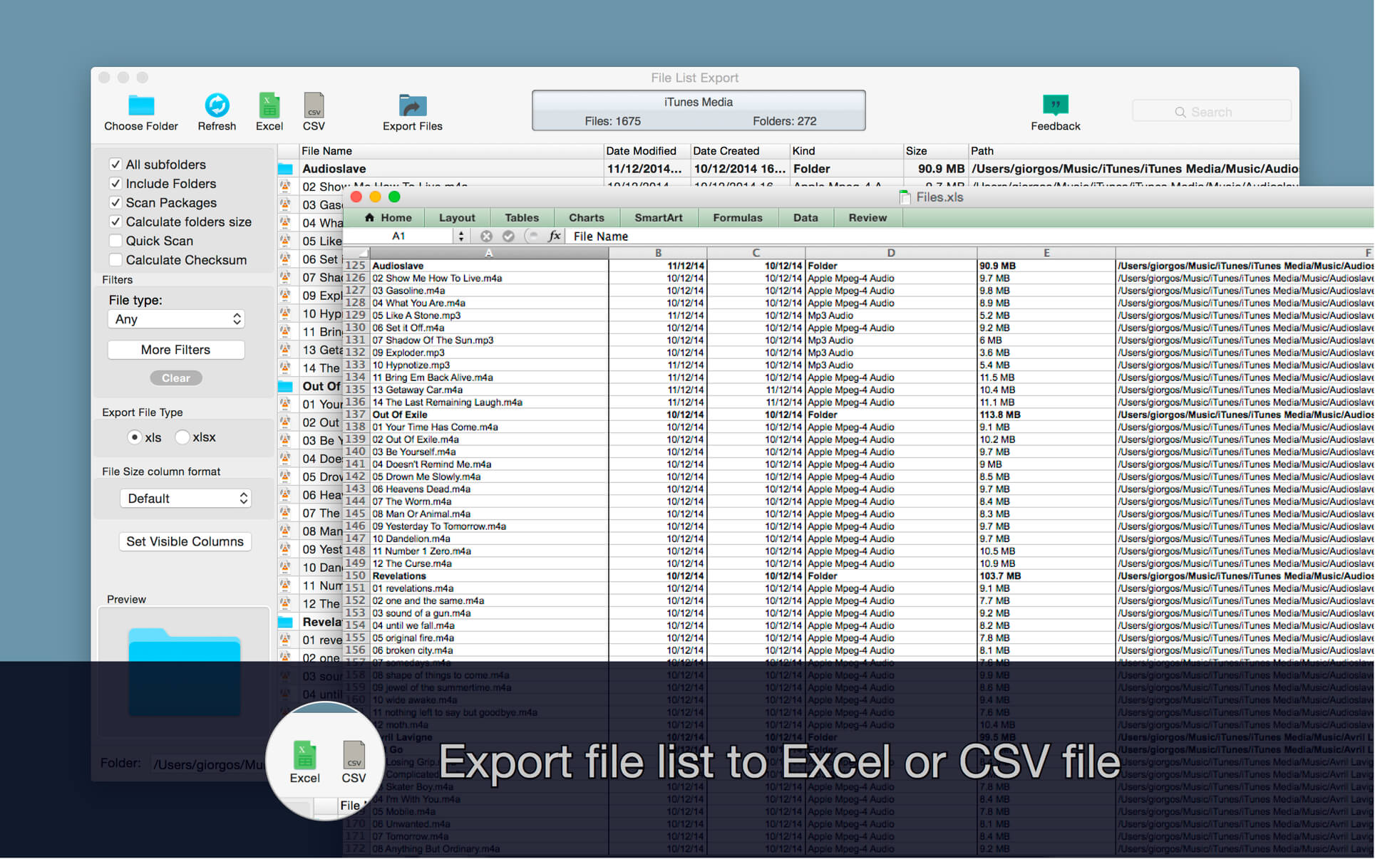 export list of files in folder and subfolders