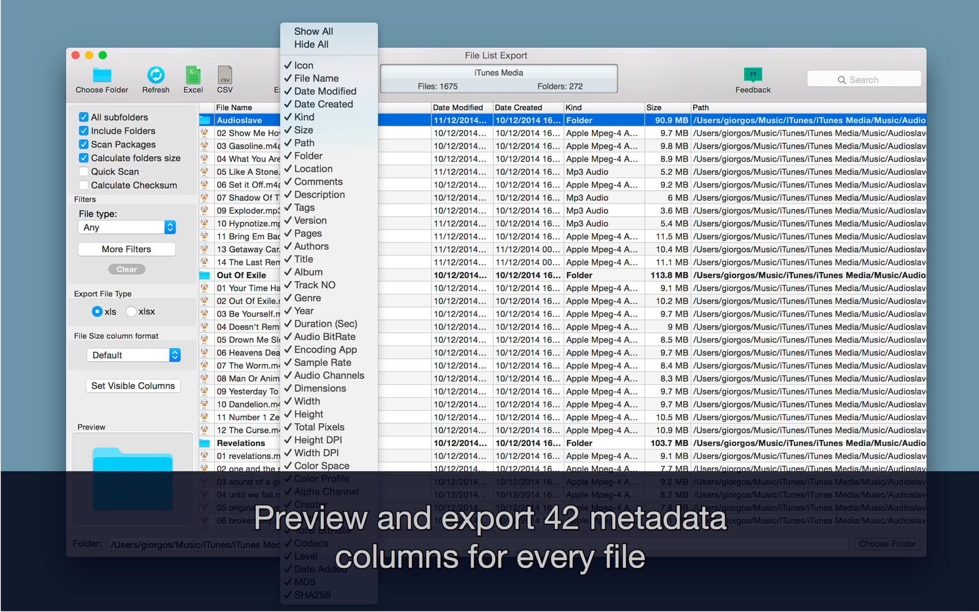 export list of files in folder and subfolders
